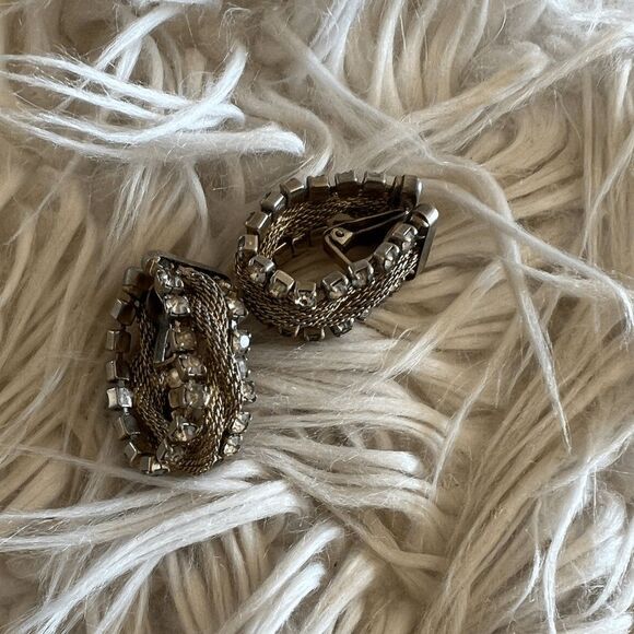 vtg 60s statement clip on earrings goldtone rope square‎ rhinestone glam party - Picture 3 of 9
